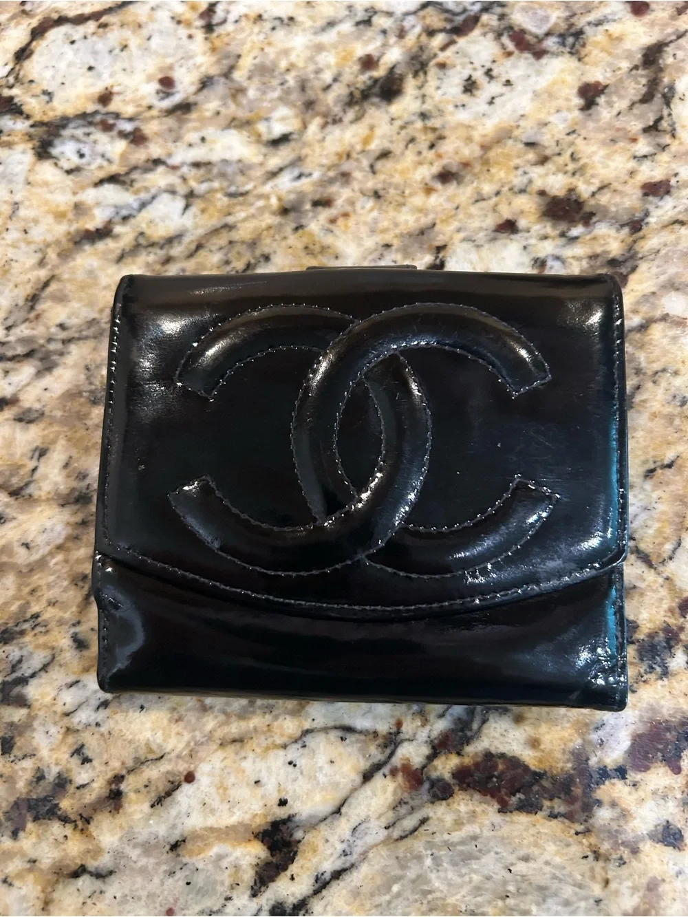 CHANEL Black Patent Leather CC Fold Wallet